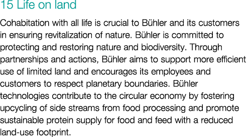 15 Life on land Cohabitation with all life is crucial to B hler and its customers in ensuring revitalization of natur...