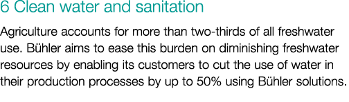 6 Clean water and sanitation Agriculture accounts for more than two-thirds of all freshwater use. B hler aims to ease...