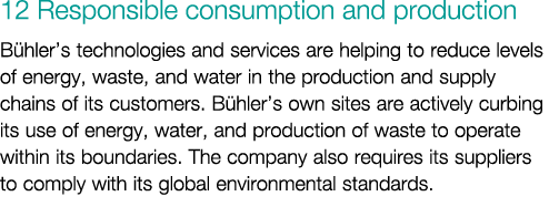 12 Responsible consumption and production B hler’s technologies and services are helping to reduce levels of energy, ...