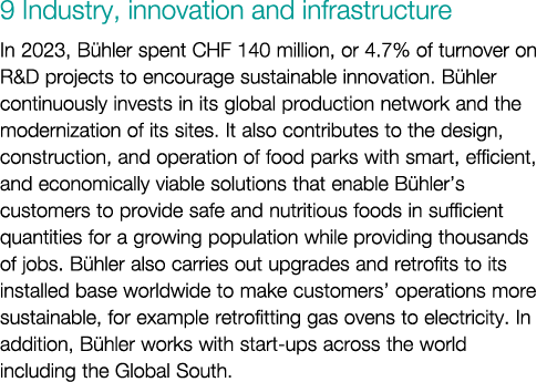 9 Industry, innovation and infrastructure In 2023, B hler spent CHF 140 million, or 4.7% of turnover on R&D projects ...