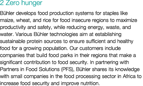 2 Zero hunger B hler develops food production systems for staples like maize, wheat, and rice for food insecure regio...
